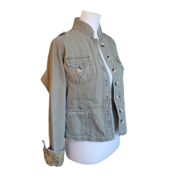 Vintage Jordache Y2K Military Jacket Dstressed Army Green Jean Jacket Sz Small - Picture 2 of 10